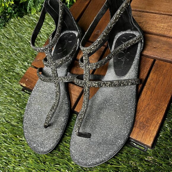 Women Sandals 8.5 Gladiator Pewter Glitter Jeweled Cammie JESSICA SIMPSON 1489 - Picture 7 of 10